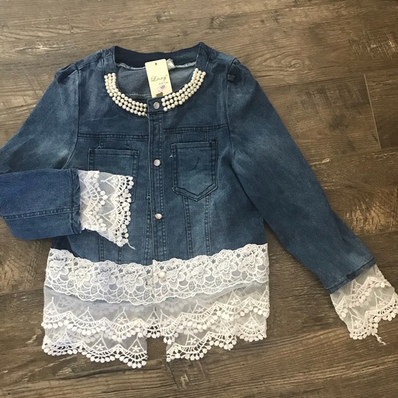 denim jacket with lace and pearls